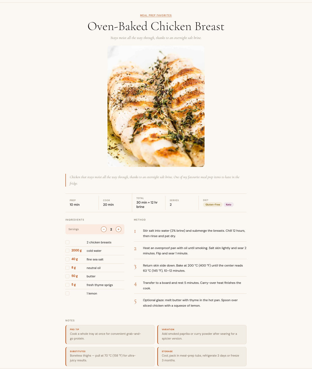 Recipe page: Oven-Baked Chicken Breast — brine method, temps in C and F, storage notes