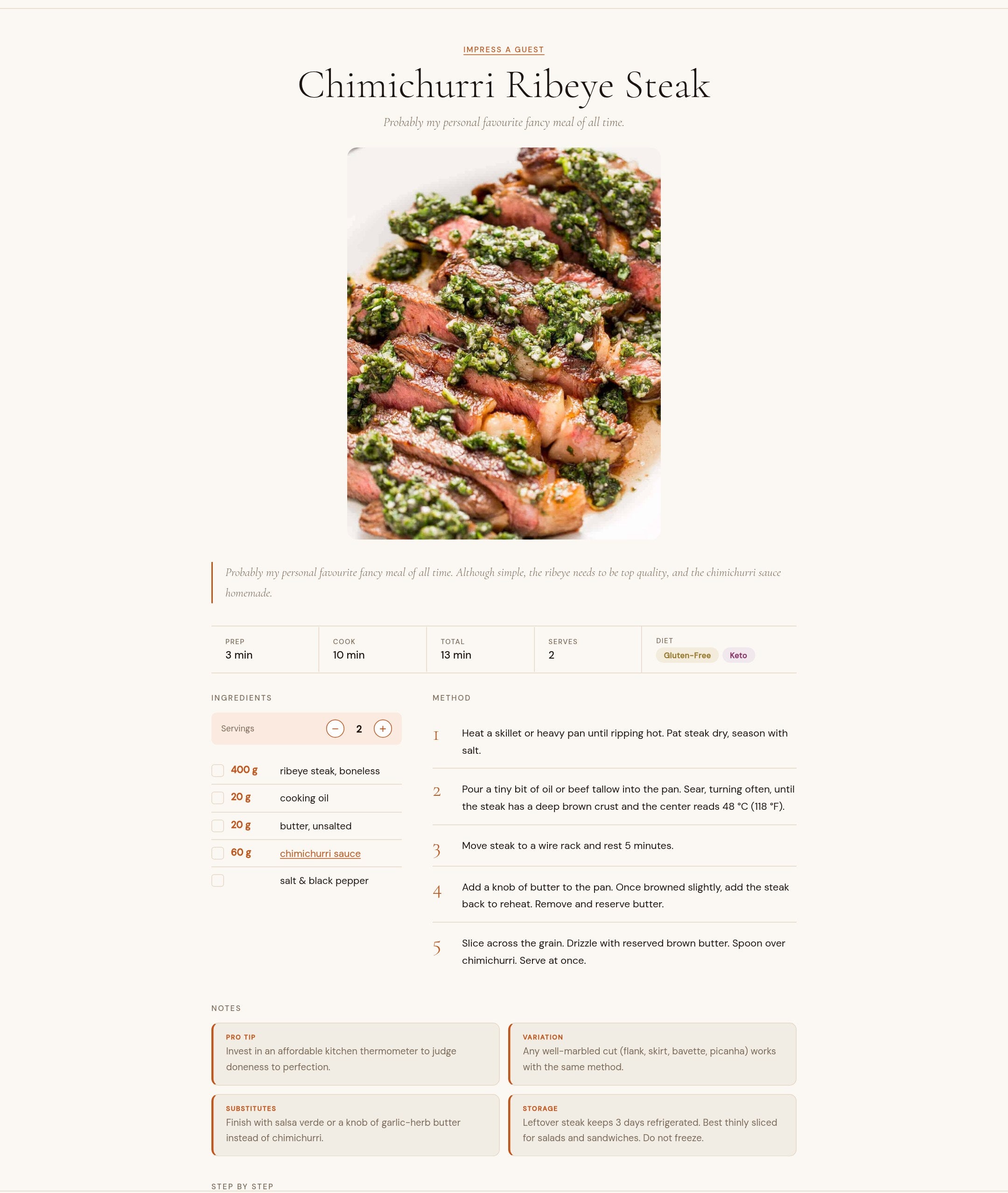 Recipe page: Chimichurri Ribeye Steak — gram-first ingredients, numbered method, pro tips